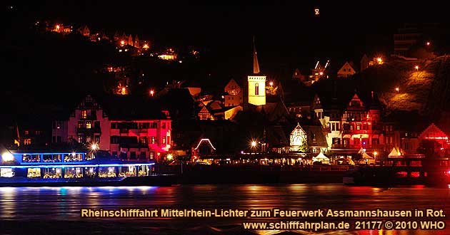 Rheinschifffahrt Mittelrhein-Lichter zum Feuerwerk Assmannshausen in Rot
