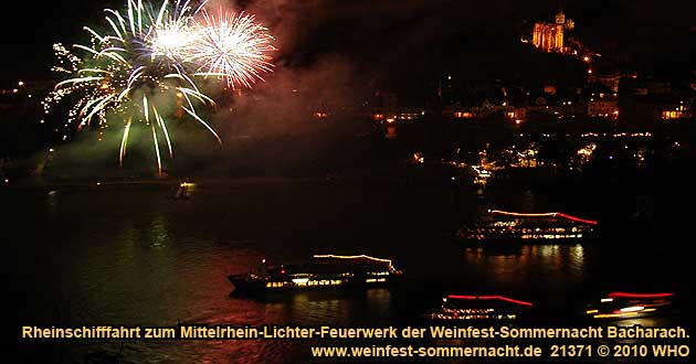 Rheinschifffahrt zum Mittelrhein-Lichter Feuerwerk bei der Weinfest-Sommernacht