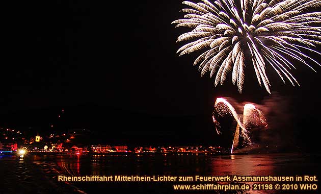 Rheinschifffahrt Mittelrhein-Lichter zum Feuerwerk Assmannshausen in Rot, dem schnsten Rotweinfest im Rheingau