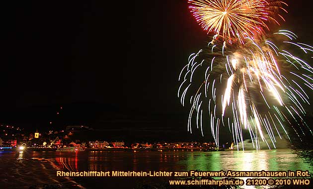 Rheinschifffahrt Mittelrhein-Lichter zum Feuerwerk Assmannshausen in Rot, dem schnsten Rotweinfest im Rheingau